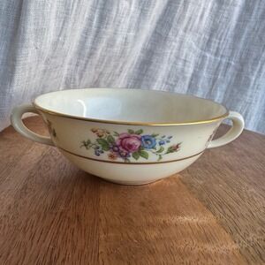 Lenox Rose Soup Bowl Flat Cream Pink Floral Gold Rim Vintage Handles Set of 4